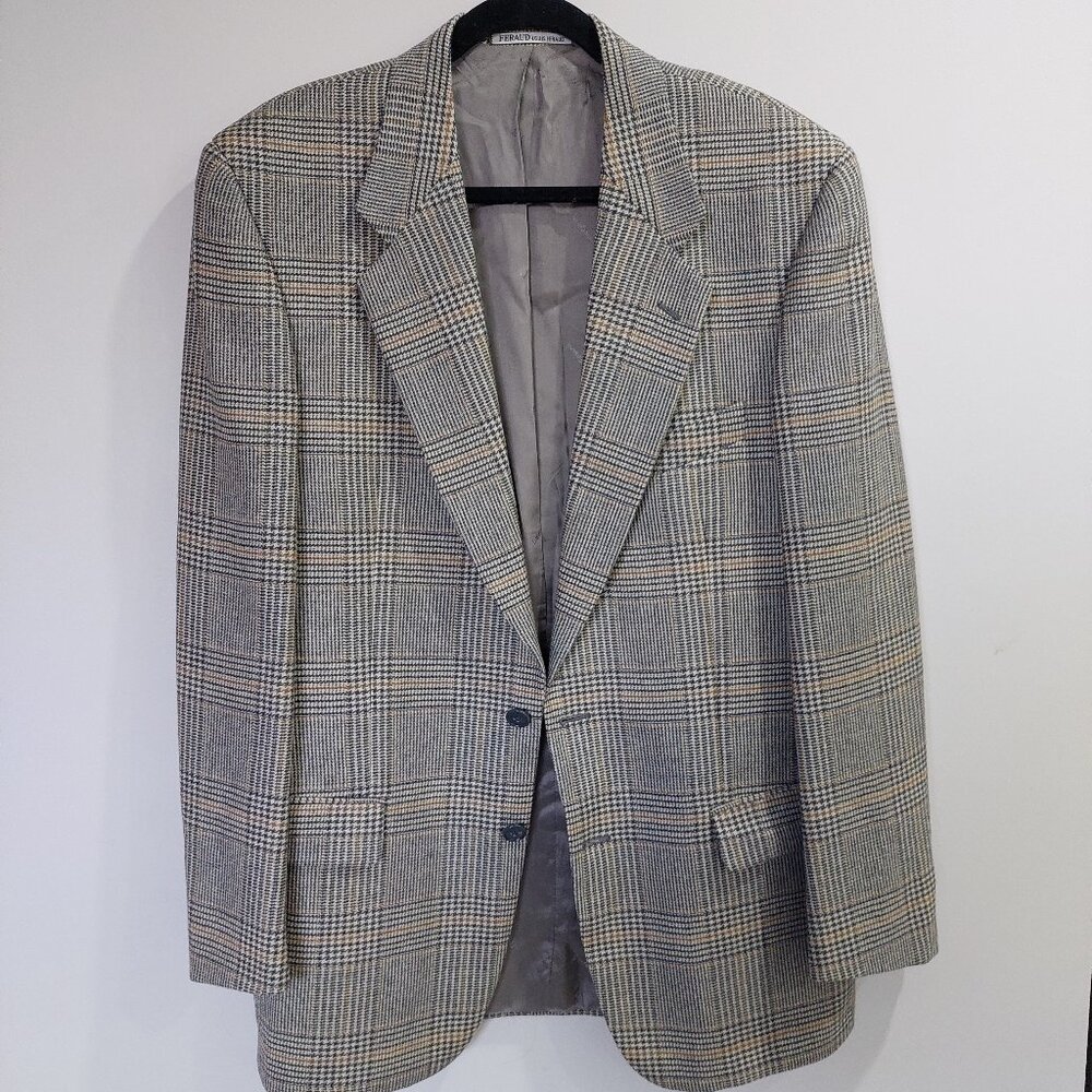 Vintage Louis Feraud Men's Grey Plaid Pure Virgin Wool Blazer Size 48L/US38L